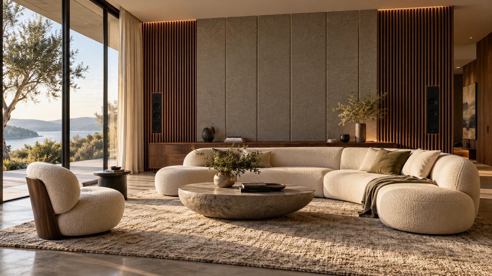 Living room with integrated acoustic finishes